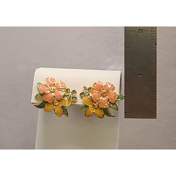 Joan Rivers Enamel & Rhinestone Flower Stud Earrings Pink, Green & Blue - Picture 5 of 5